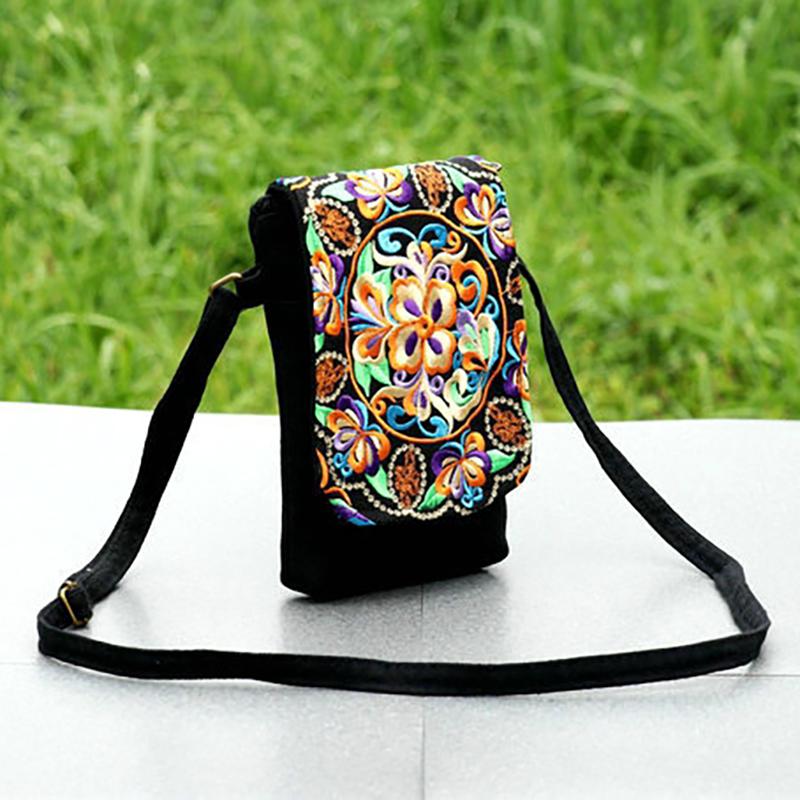 2025 New Ethnic Embroidered Canvas Crossbody Bag Embroidered Two-Layer Mobile Phone Bag Coin Purse