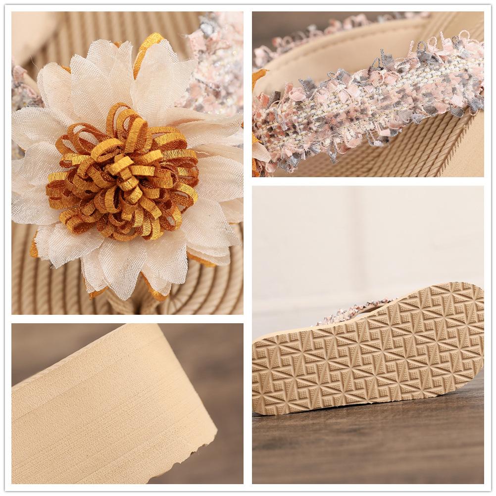 Bohemian Small Fragrant Style Imitation Grass Rope Woven Applique Flip-flops Xia Liang Slippers Women Wear Wedge Heels High Heels Beach Shoes