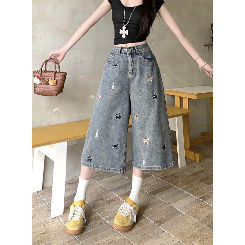 

Plus size Chubby Girl Puppy Embroidery Denim Cropped Pants Women Summer New Design Loose Slimming Straight Shorts Fashion Nostalgic blue seven points 2XL