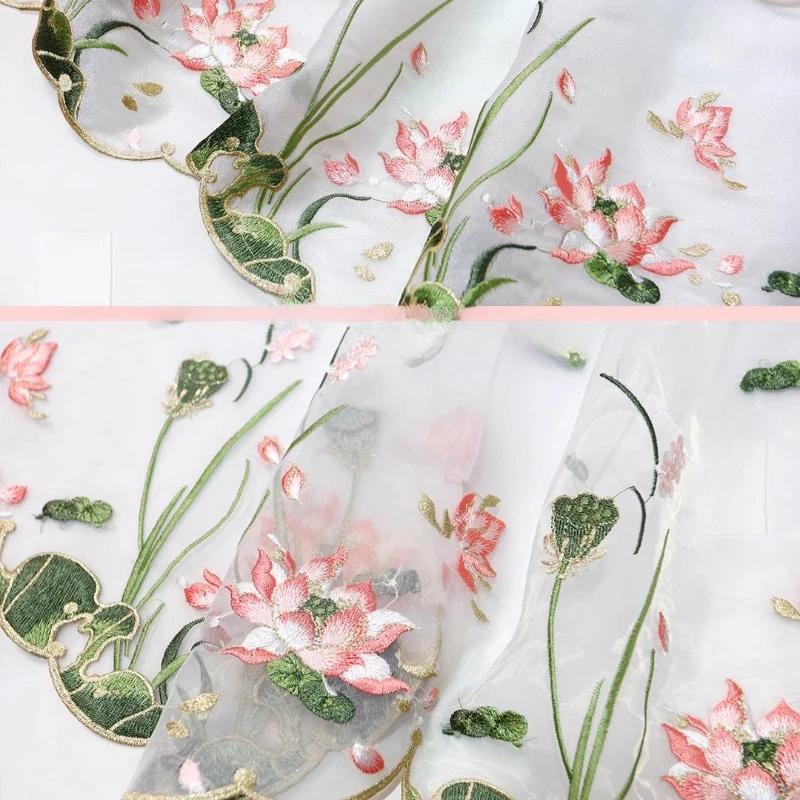 100 x 150 cm chinesische Farbverlauf-Stickerei Lotus Spitze weicher Stoff DIY Hanfu Shirts Puppentuch DIY Nähen Handwerk Organza Tüll Stoff