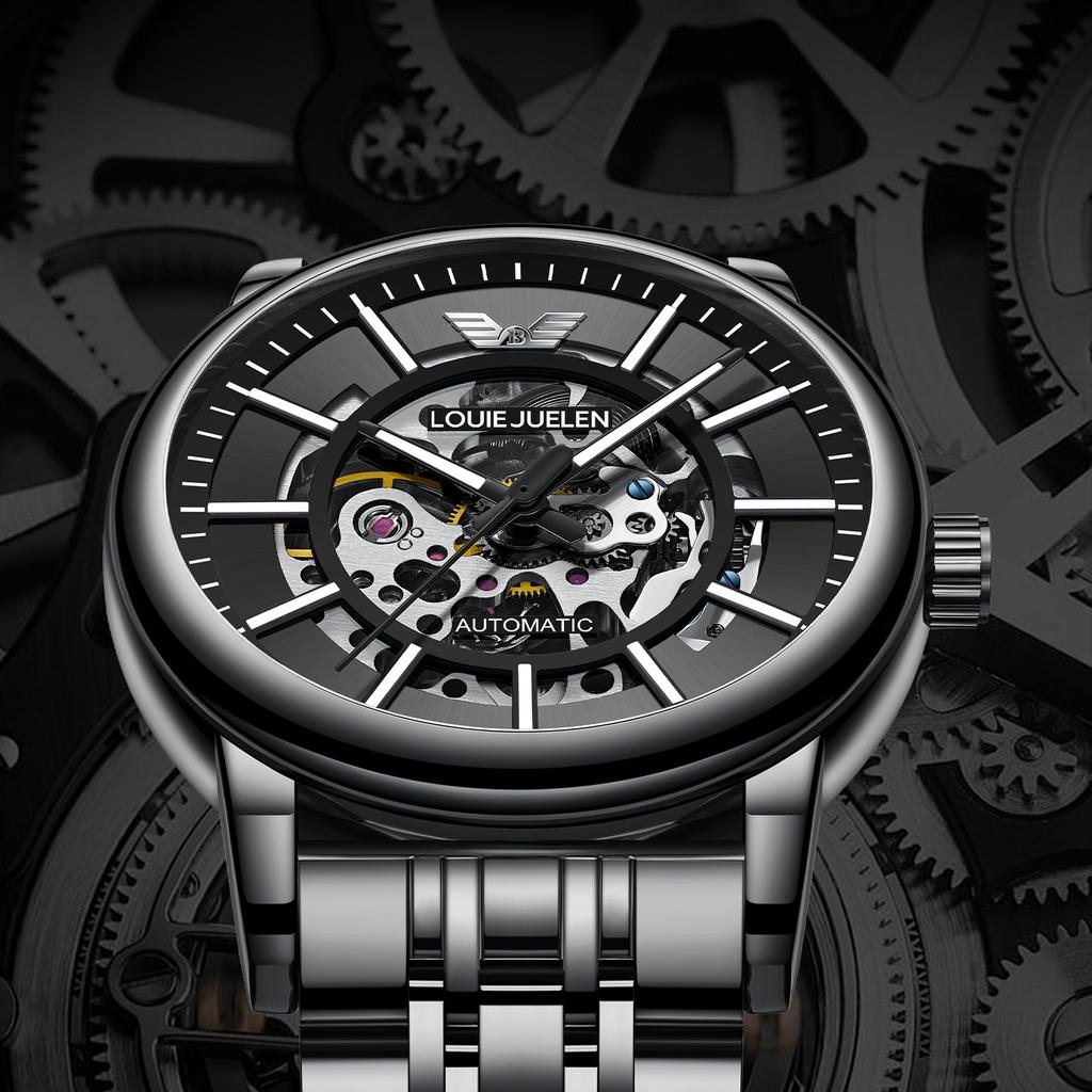 LOUIE JUELEN 43MM Men's Fully Automatic Mechanical Watch Stainless Steel Wristwatch Luxury Skeleton Luminous Montre Uhr 3BAR Waterproof Watch
