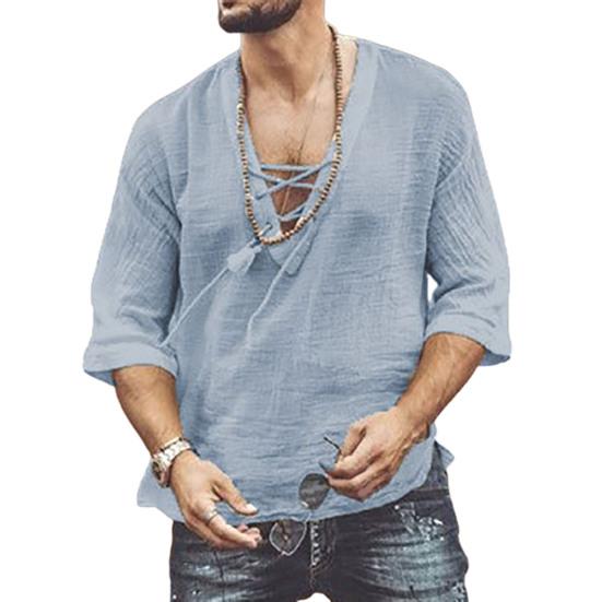 V-Neck Solid Color Men Shirt Lightweight Front Lace Up Half Sleeve T-shirt Male Clothing