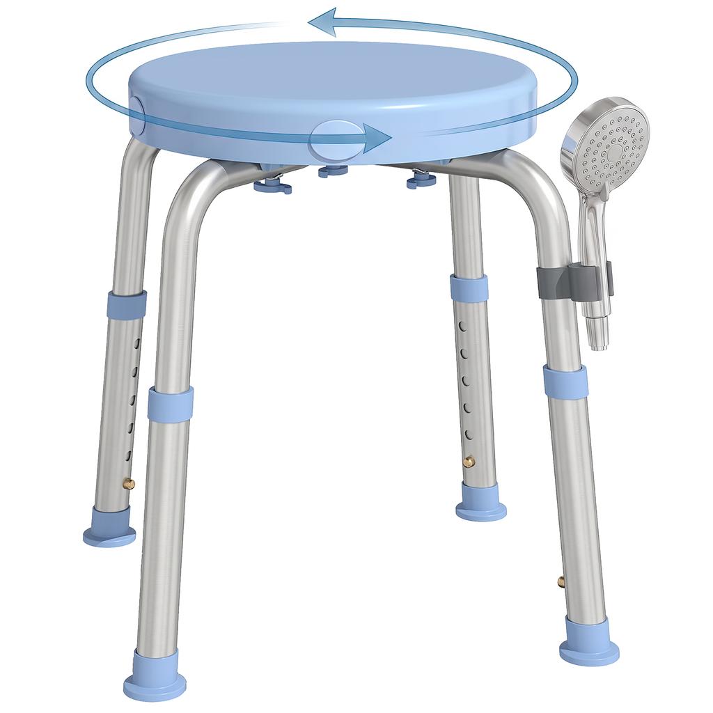 360 Degree Rotating Shower Stool Aluminum Frame 5 Level Adjustable Height Light Blue