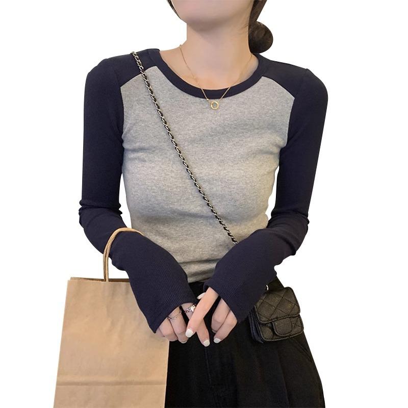 American Retro Front Shoulder Long-sleeved T-shirt Women's Autumn and Winter Inner Bottoming Shirt Spice Girl Slim-fit Short Design Sense