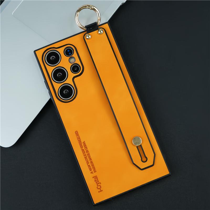 Étui de téléphone avec bracelet de poignet en cuir suédé d'agneau pour Samsung S26 Ultra S24 S23 S22 S21 Plus Coque antichoc pour Samsung S25 Ultra Galaxy S23+ orange
