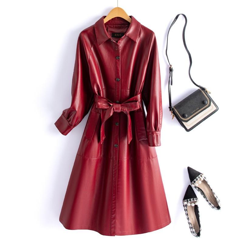 Womens Mid-Long Sheepskin Leather Coat Winter Elegant Office Wear Oversized Fit Black Army Green Burgundy