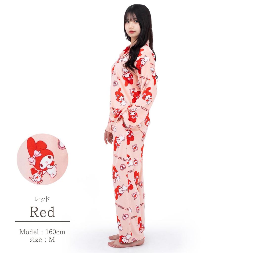 SAZAC My Melody Shirt Long Sleeve and Pants Stylish Frame My Melody Pajamas, Micro-Fur Fleece, Women's, Set, Loungewear, (Red/L/SAN1742)