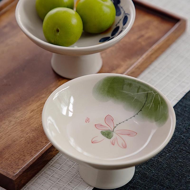 Ceramic Tableware High Legged Fruit Tray Vintage Chinese Style Snack Fruit Plate Home Festival Decoration Refreshment Plates