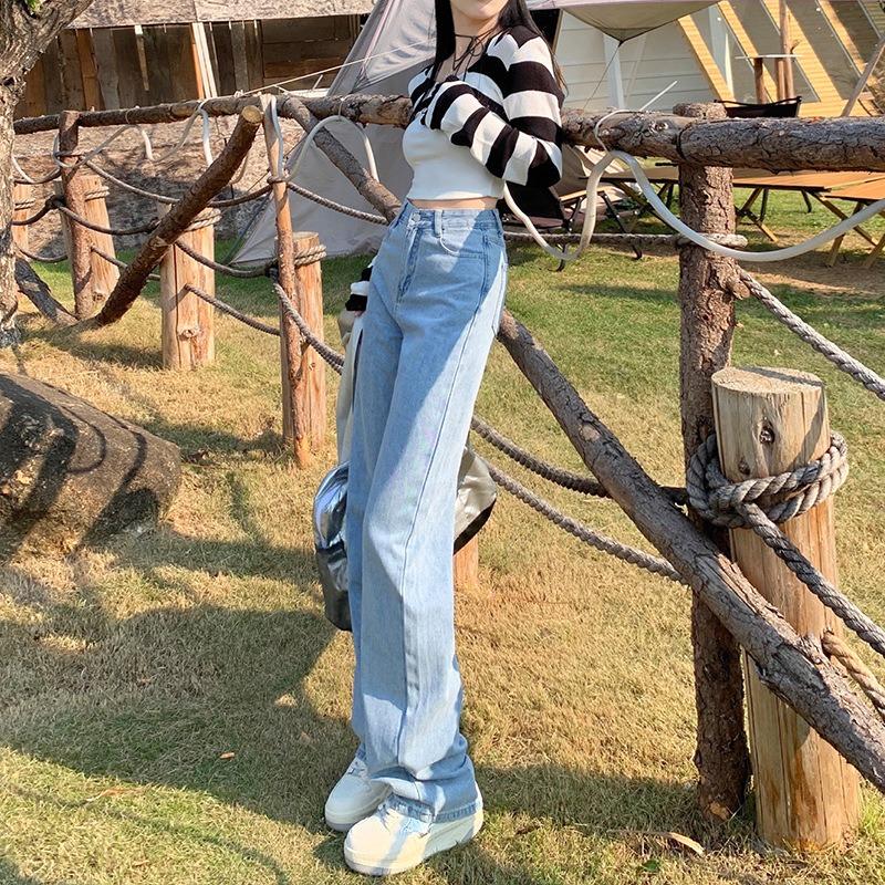 Narrow Version Wide-leg Jeans Women's Autumn Thin Light-colored High-waisted Straight Loose and Thin Small Floor Pants