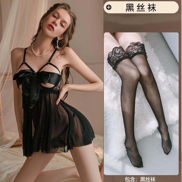 Summer Suspender Nightdress Sexy Pure Desire Wind Transparent Attraction Free Suit Bow Elegant and Comfortable