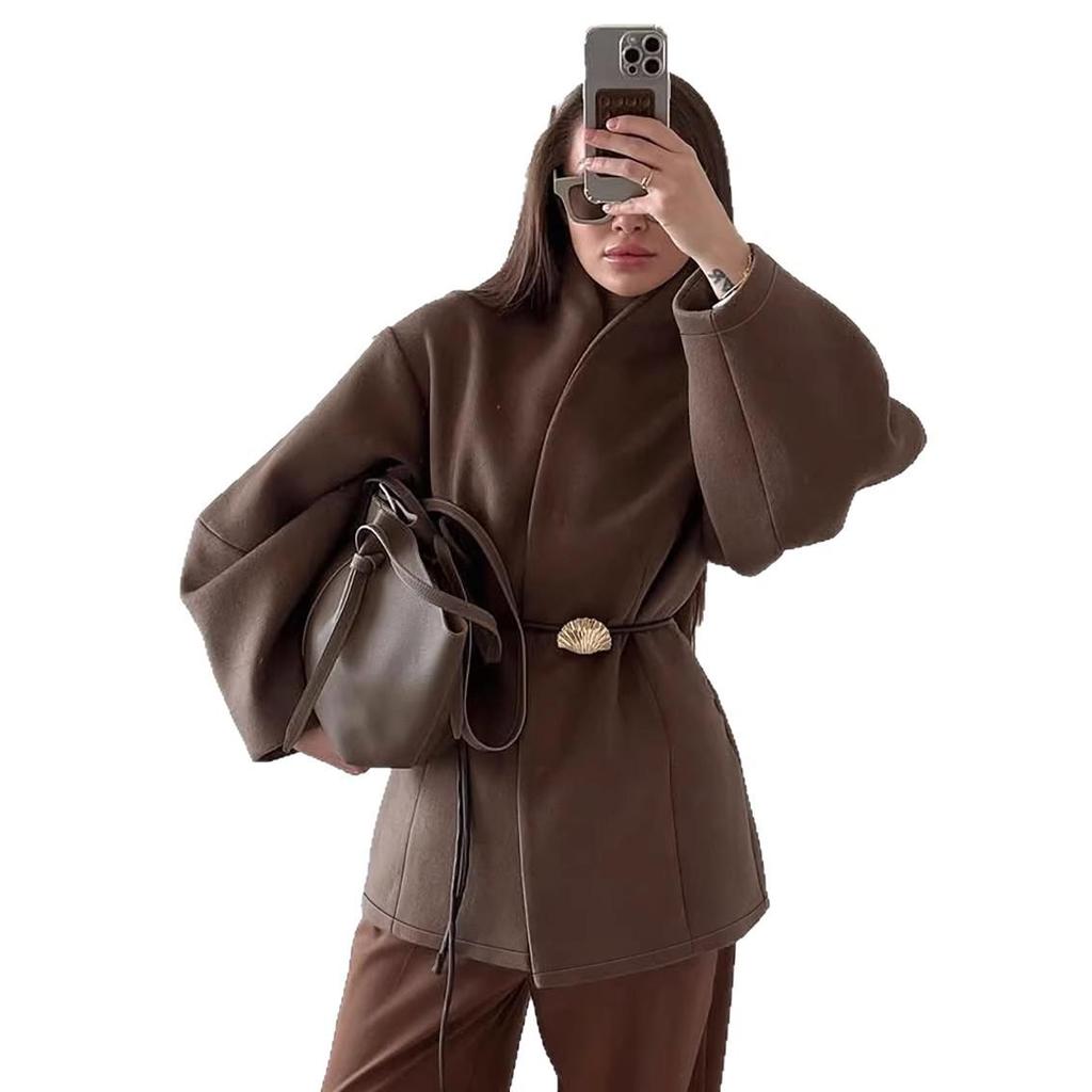 Women's High-End Brown Wool Trench Coat - Fashionable, Temperate Design with Waist-Cinching for Autumn & Winter