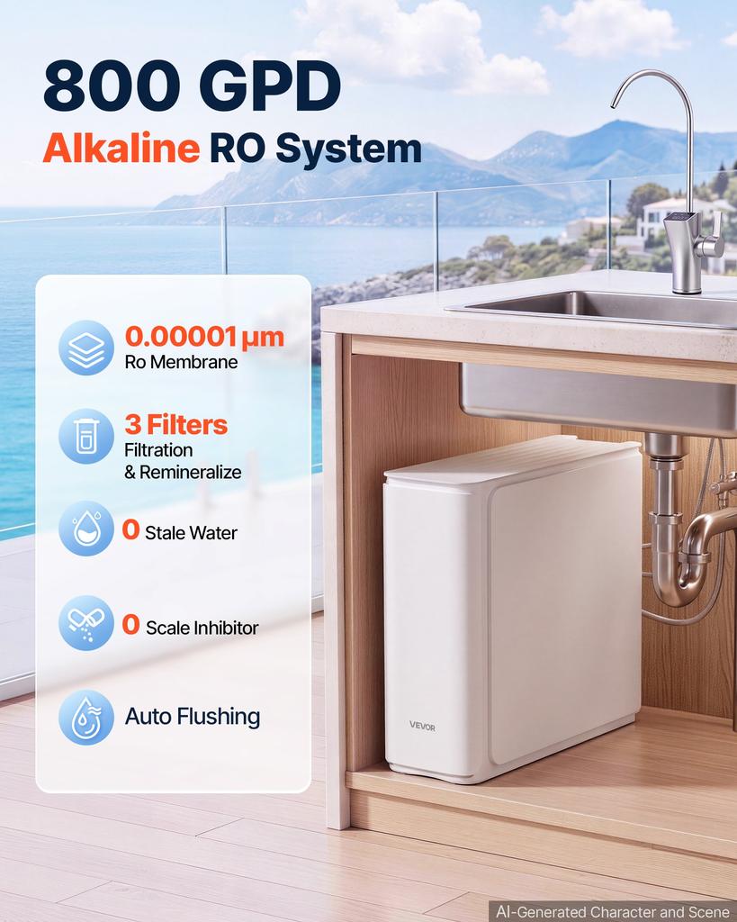VEVOR Reverse Osmosis System 800 GPD 8-Stage Tankless Water Filter Device, Under Sink Water Filtration, 2:1 Pure-to-Drain Ratio, Smart Faucet