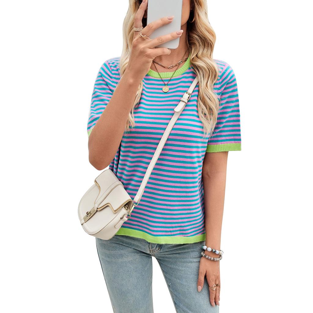 Women's Round Neck Half Sleeve Loose Fit Striped Color Block Knit Top Casual Sweater