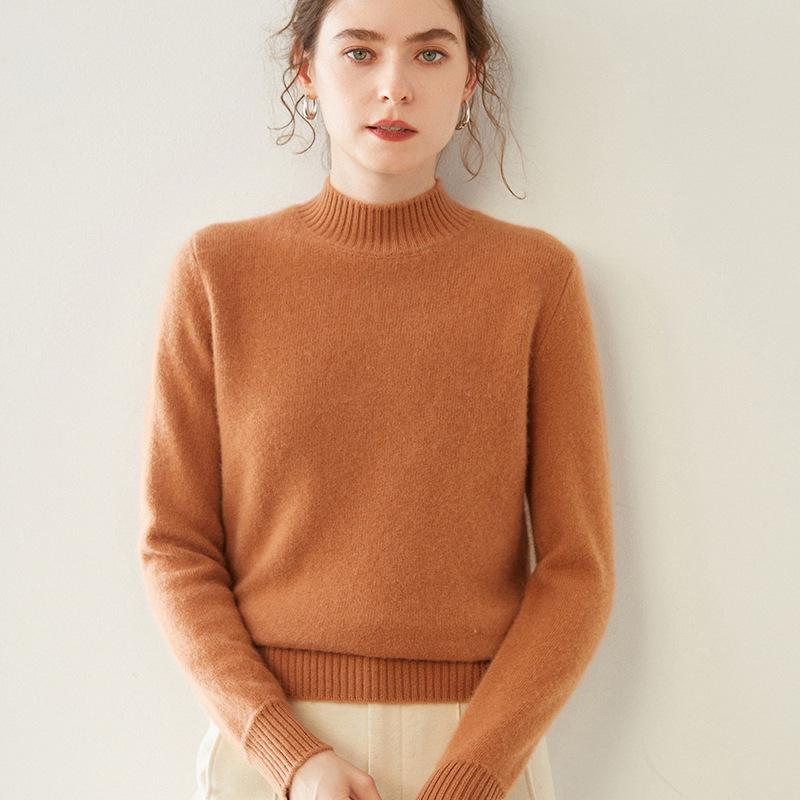 Women's Cashmere Half-High Collar Solid Color Pullover Sweater for Autumn/Winter - Loose, Thickened, Knit Base Layer