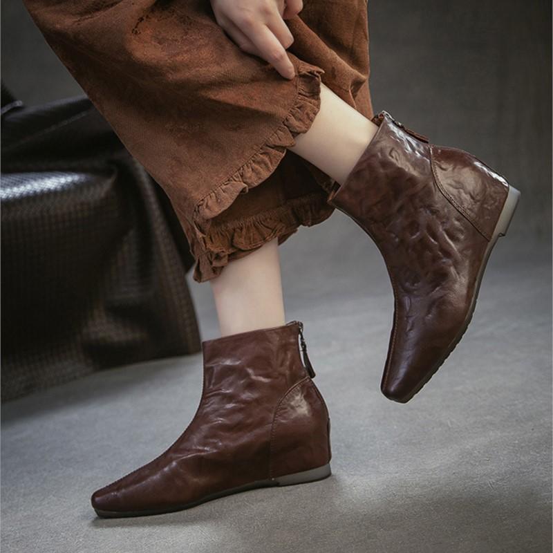 Johnature Genuine Leather Pleated Height-increasing Short Boots Retro Versatile Square Toe Women's Shoes