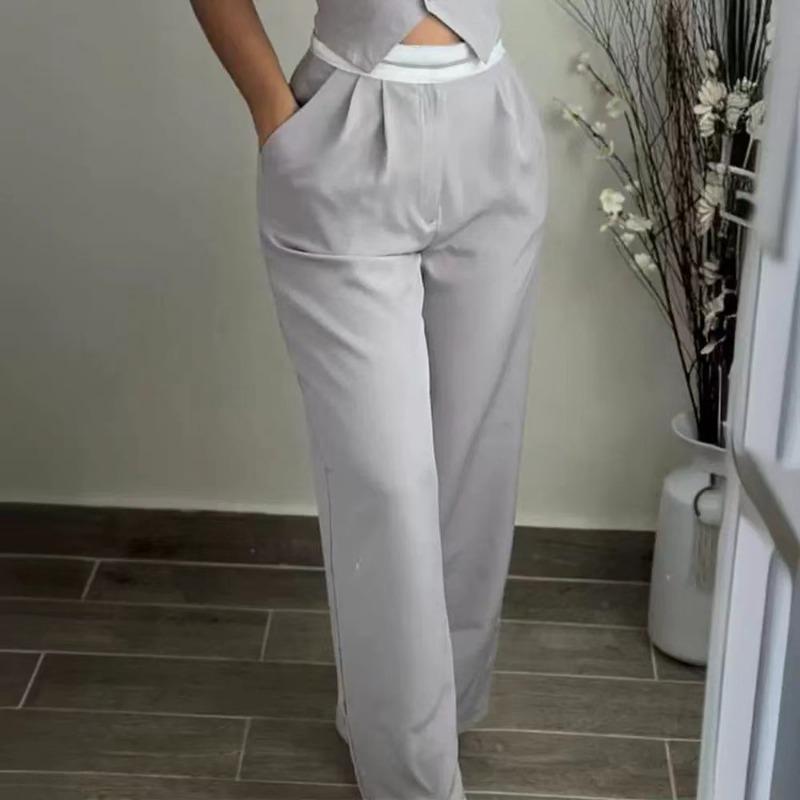 Women Fashion V Neck Sleeveless High Waist Wide Leg Pants Casual Two Piece Set