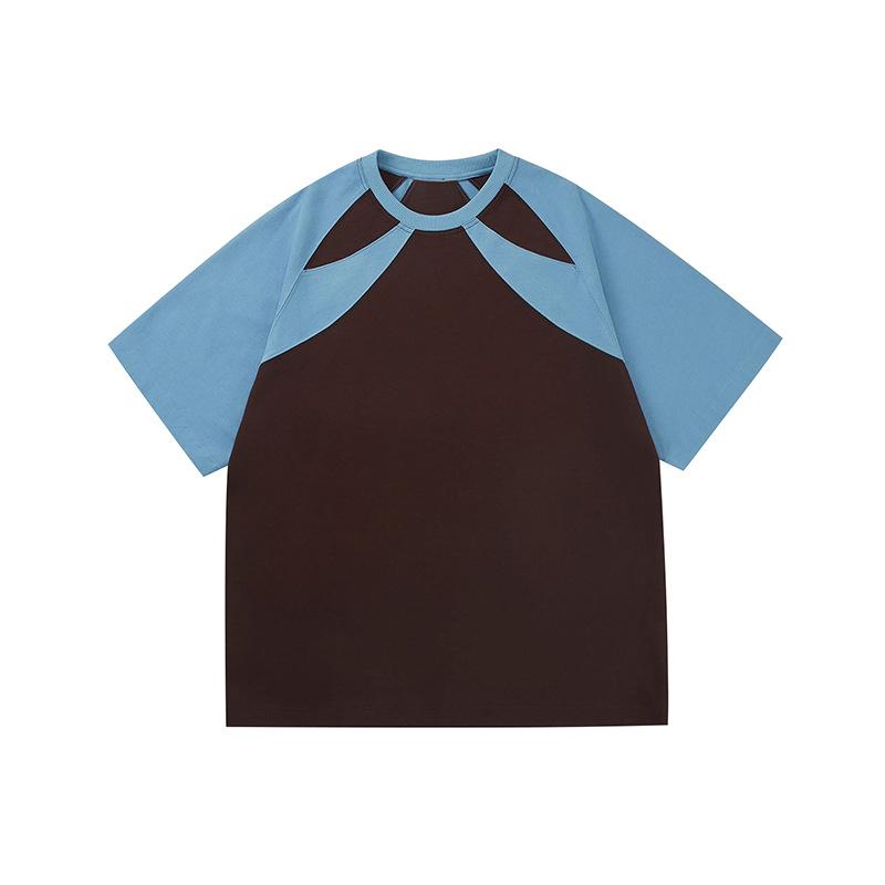 Pure Cotton Off-the-shoulder Color-blocking Light-colored Short-sleeved T-shirt