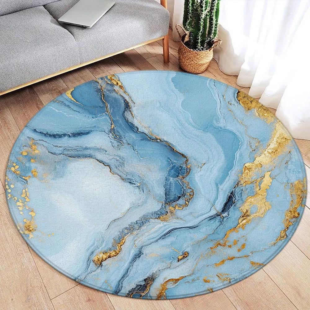 Abstract Marble Round Area Rug – Green Ink & Gold Line Design – Modern Luxury Carpet for Living Room or Bedroom, Soft Floor Mat