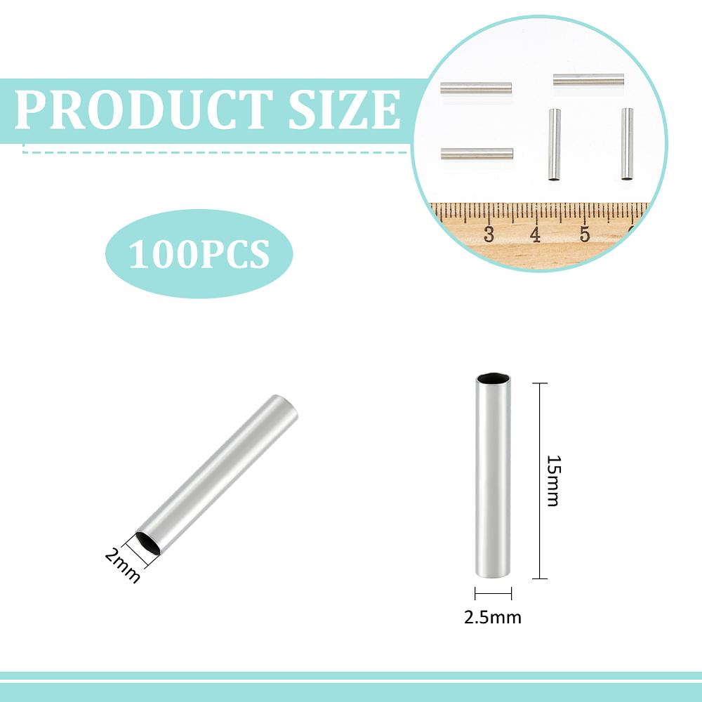 304 Stainless Steel Tube Beads, Stainless Steel Color, 15x2.5mm, Hole: 2mm, 100pcs/box