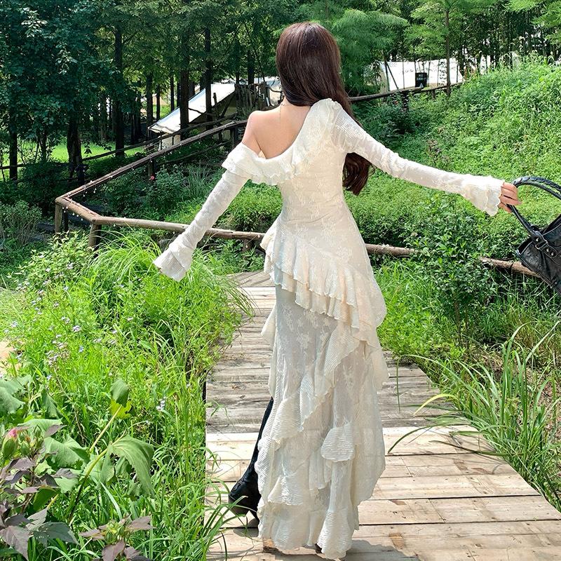 Millennium Sexy Spice Girls Slant Shoulder Long Sleeve Dress Women s Spring New Irregular Slim Skinny Medium Dress S