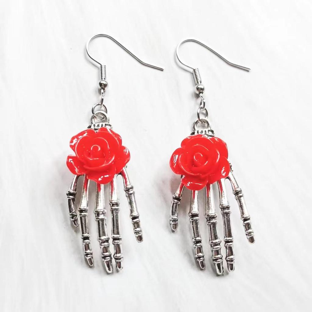 Handmade Gothic Skull Hand Red Rose Earrings: Vintage Halloween Jewelry