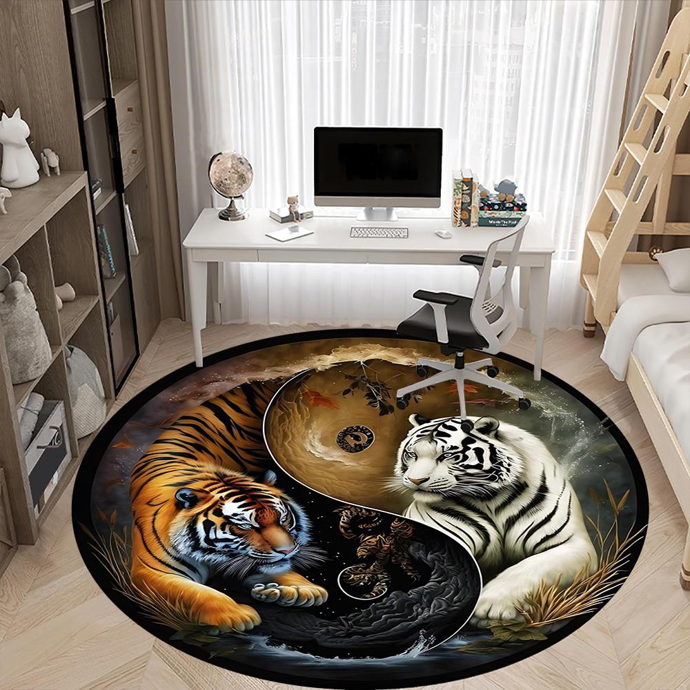 1PC Tiger YinYang Office Round Area Rug, Mat Suitable For Office, Under Office Chairs Bedroom Living Room Home Decor, Room Deco