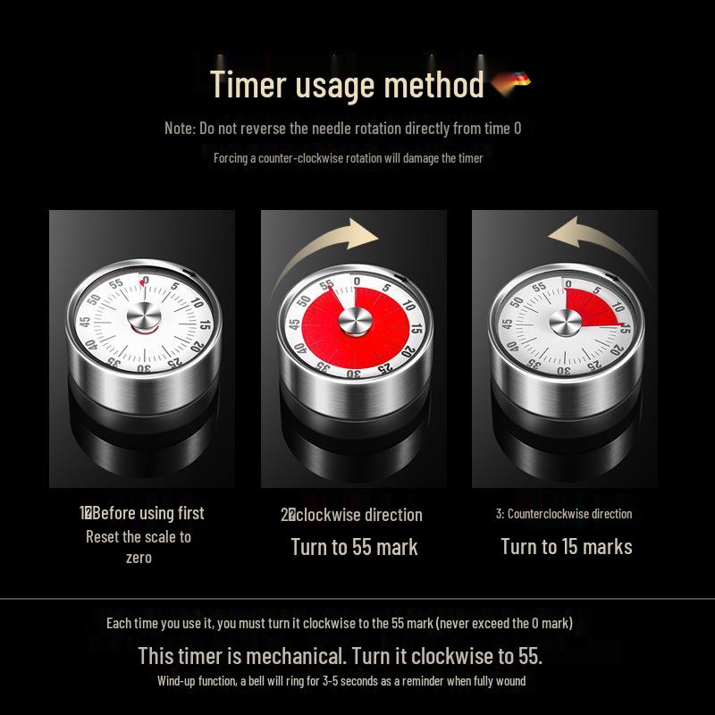 Stainless Steel Magnetic Kitchen Timer: Rotating Mechanical Countdown