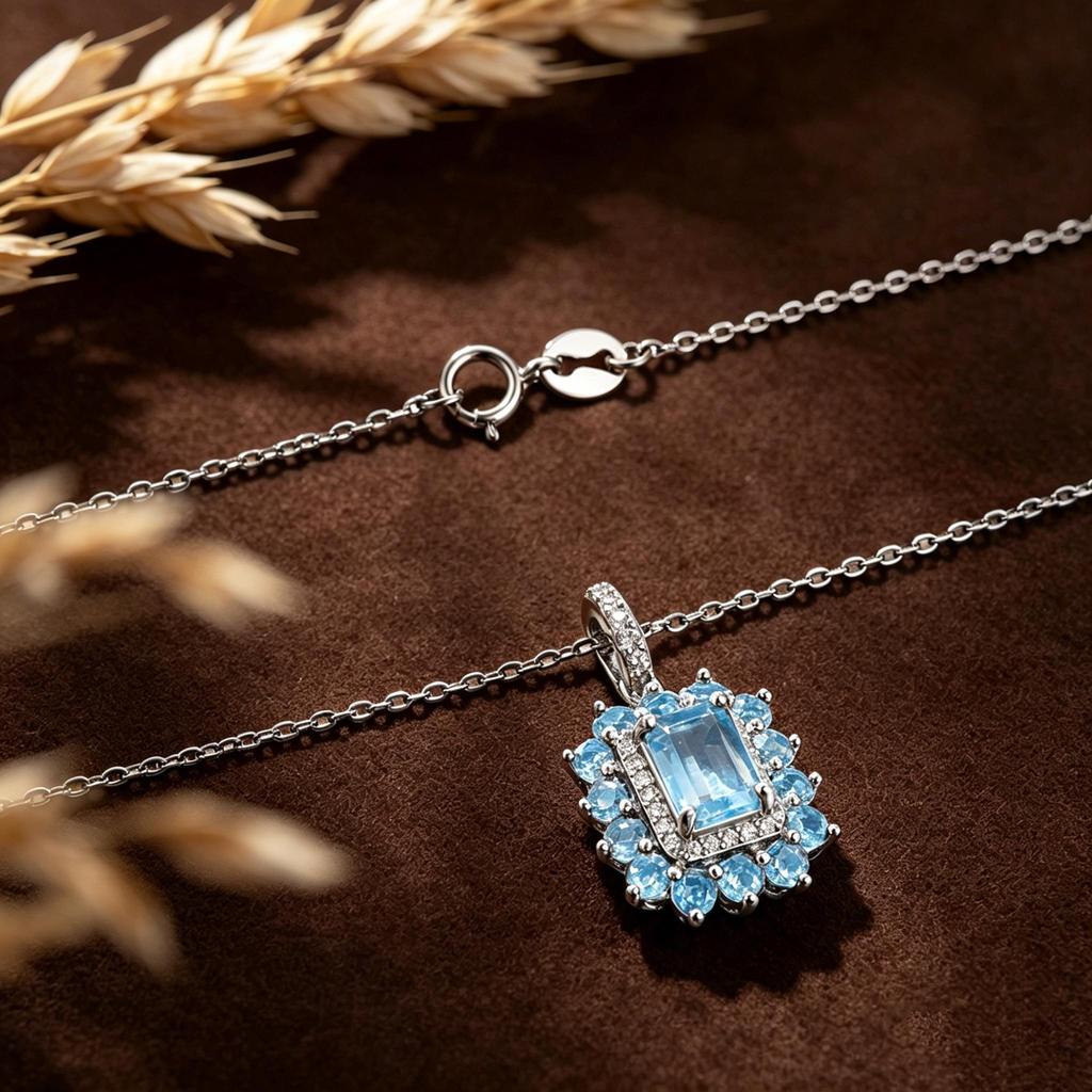 925 sterling silver necklace pendant natural Sky Blue Topaz elegant and noble for women anniversary & banquet & engagement gift