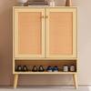 Shoe Cabinet with 2 Rattan Doors and 5 Shelves, Hallway Shoe Cabinet with Wood Handles and Solid Wood Legs