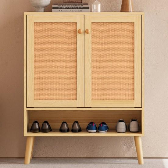 Shoe Cabinet with 2 Rattan Doors and 5 Shelves, Hallway Shoe Cabinet with Wood Handles and Solid Wood Legs