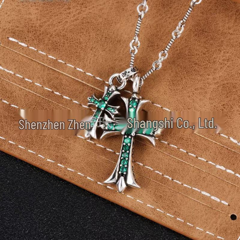 V Gold High Edition Double Cross Necklace with 18K Gold Plating & Multi-Color Diamond Pendant