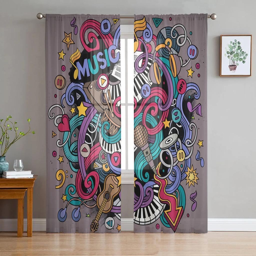 Durchsichtige Vorhänge mit Musiknoten, für Schlafzimmer, Voile-Vorhang, Wohnzimmer, Fenster, durchsichtige Vorhänge, Küche, Tüllvorhänge