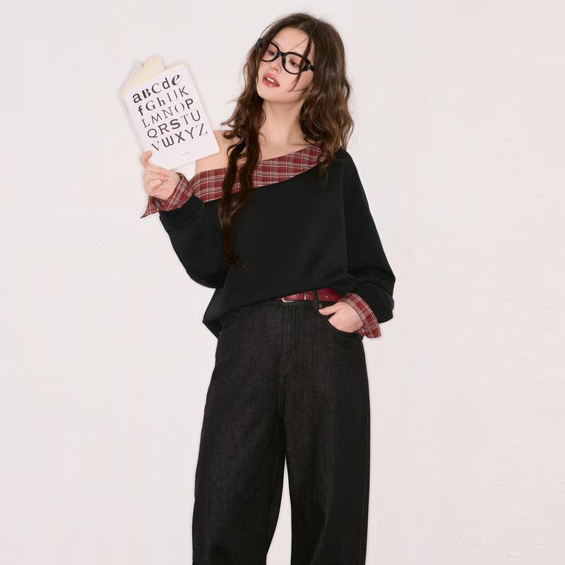 SanCai DuXing 2025 Autumn Retro Plaid Patchwork Loose Sweatshirt