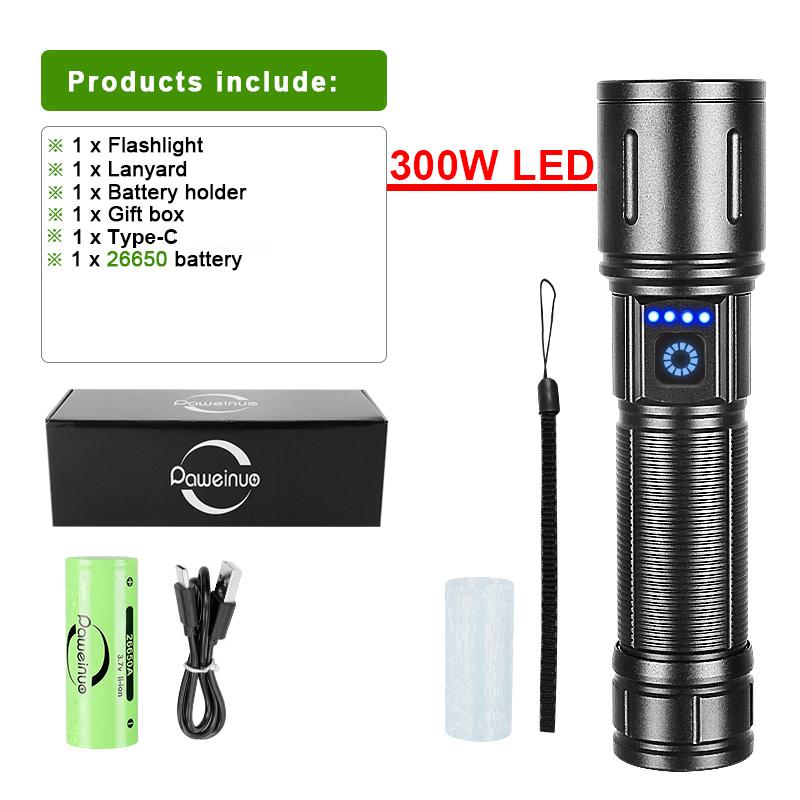 High Power LED Flashlight Rechargeable Type-C Flashlight 26650 Super Bright Long Range Torch Camping Lantern Fishing Lamp