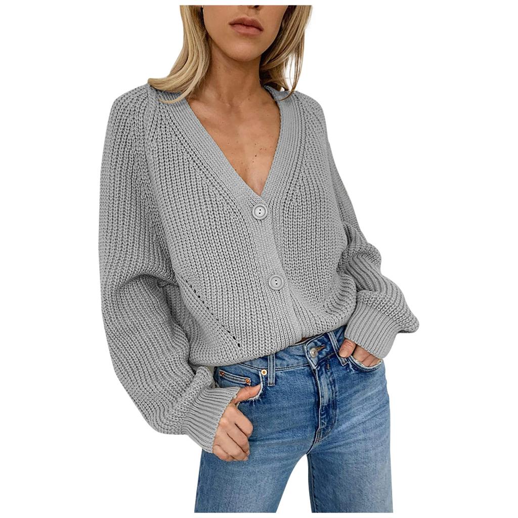 Women's   solid V-neck cardigan  SleeveButton Knit Sweater Cardigan