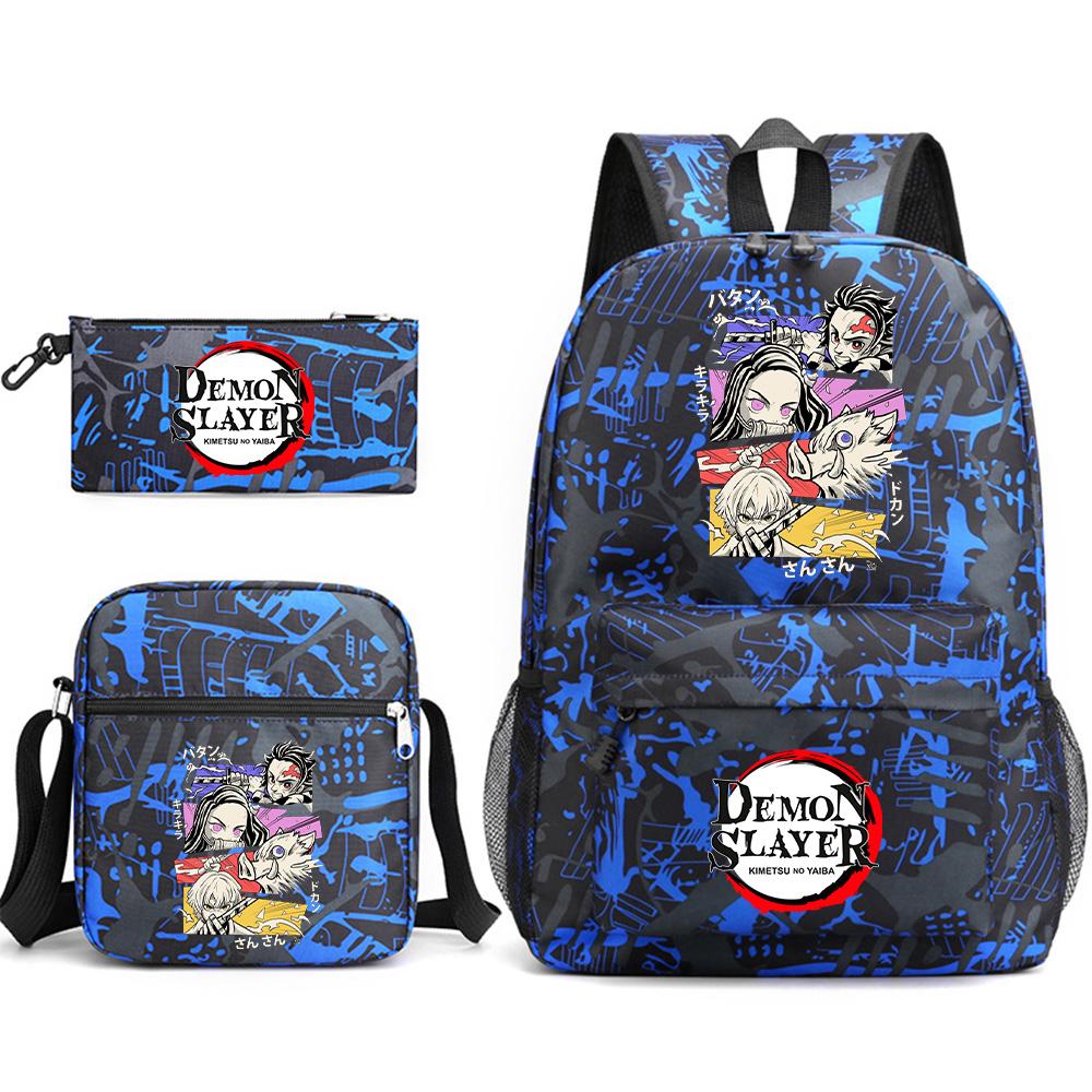 3Pcs/set Anime Printed Demon Slayer Backpack with Shoulder Bag Pencil Case for Teen Student Boy Girl Large Capacity Waterproof Bookbag Travel Bag