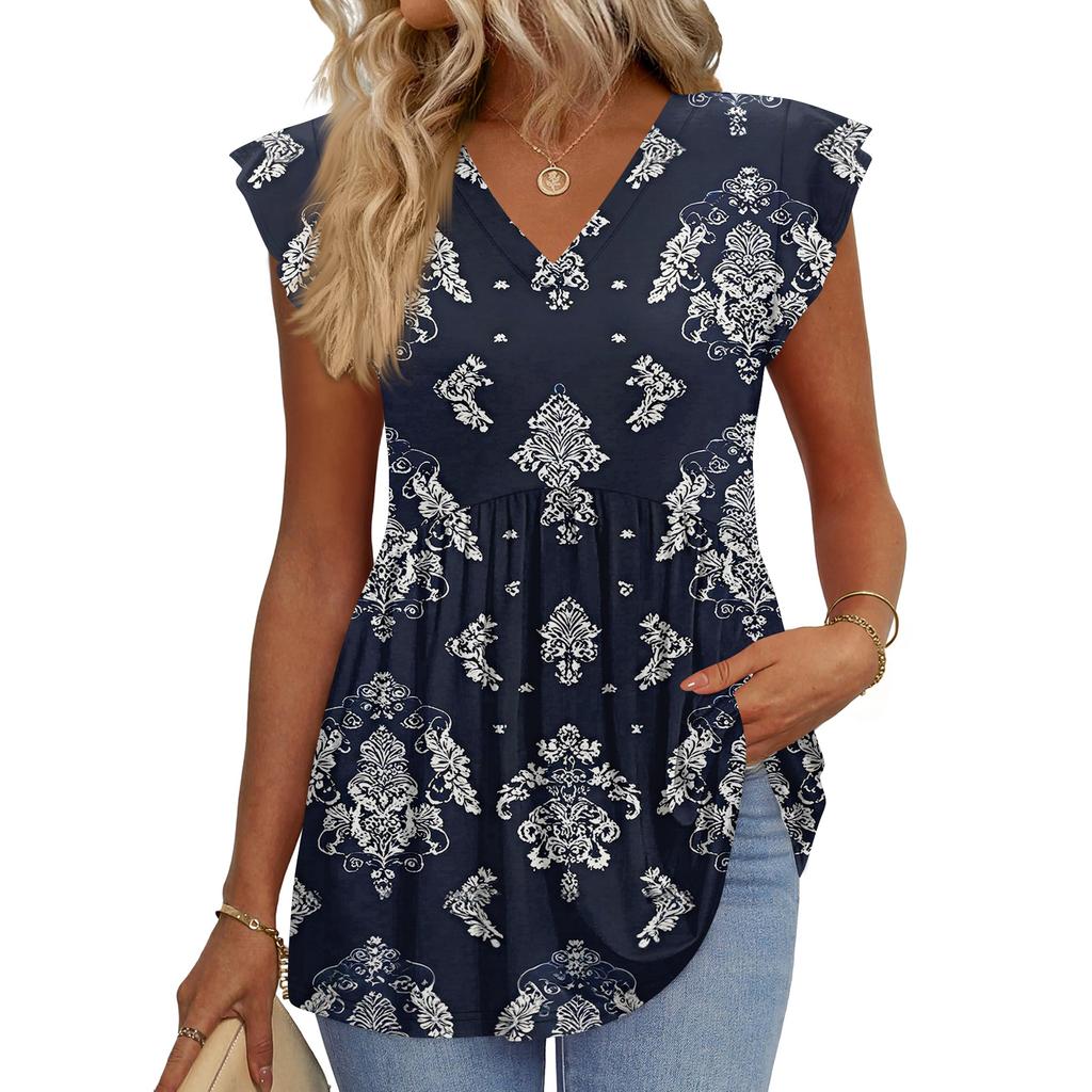 Womens Tops Fashionable V-neck Ruffled Sleeve Short-sleeved T-shirt Business Blouses