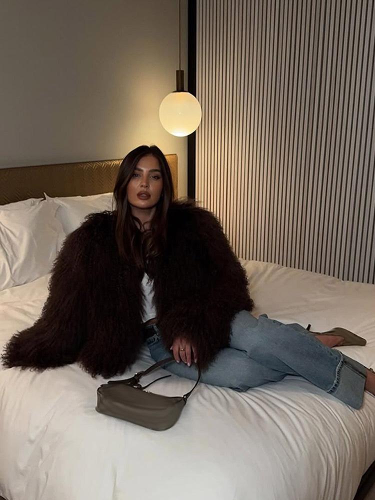 

Женское пальто-куртка из искусственного меха с воротником и длинными рукавами XL коричневый