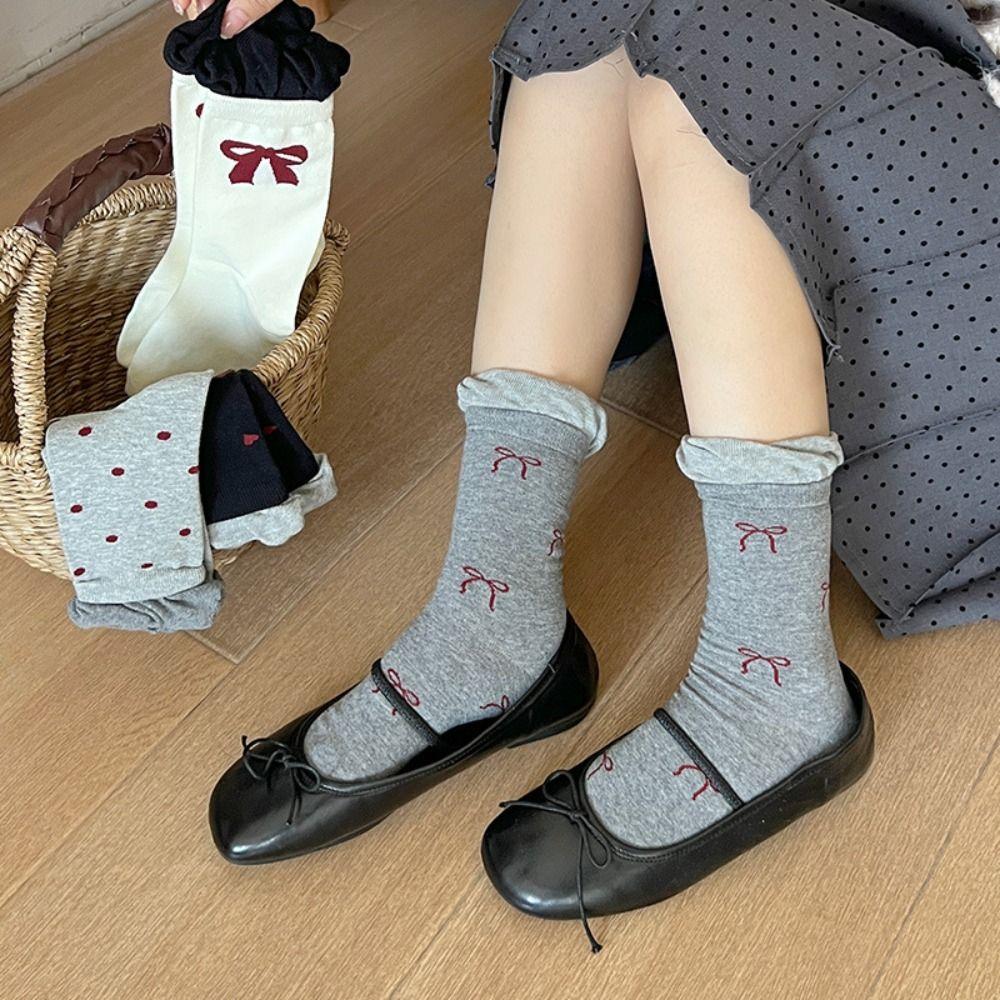 2Pairs Dot Sweet Tube Socks Kawaii Socks Women Casual Bowknot Ruffle Socks Streetwear