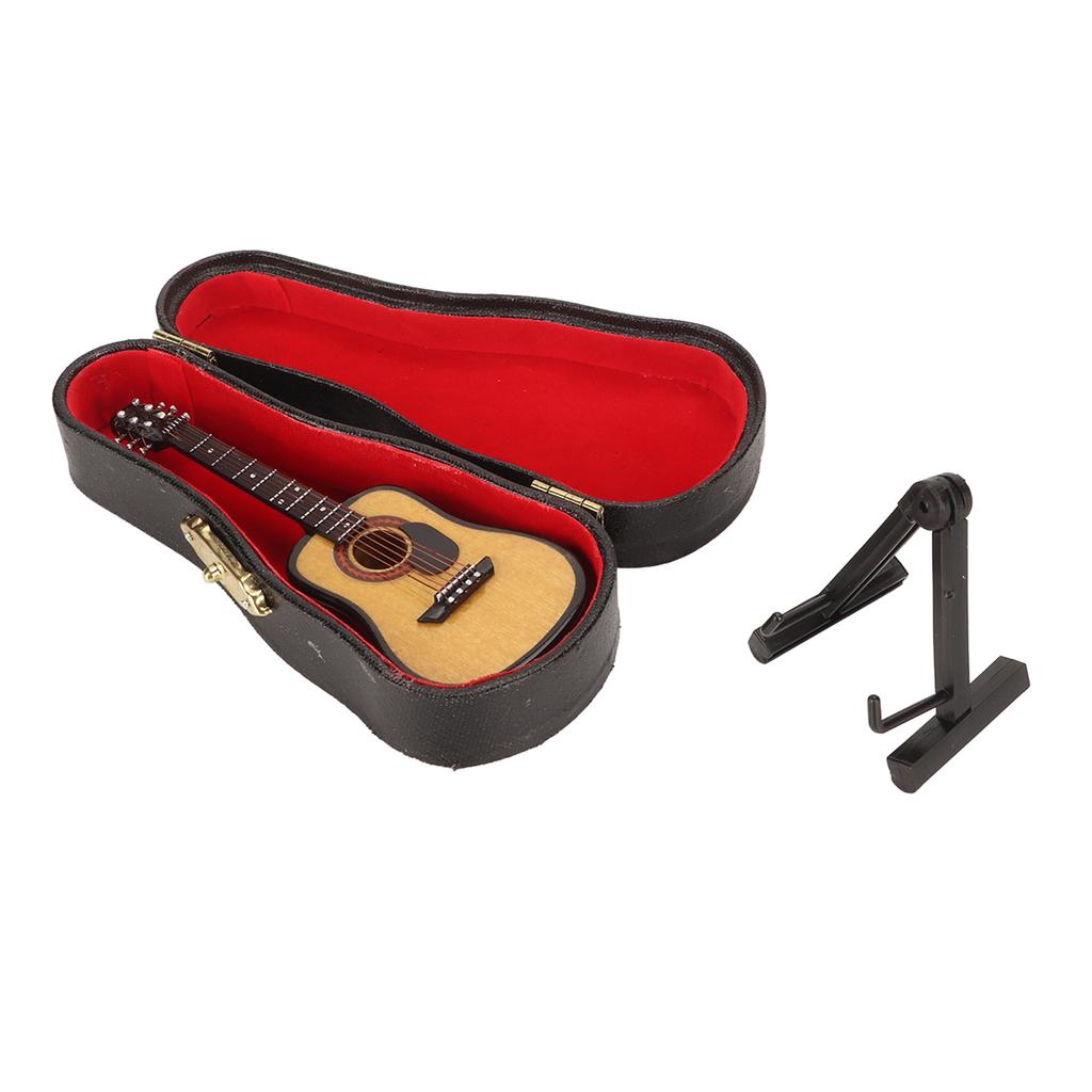 Miniature Wooden Guitar Model Exquisite Realistic Mini Musical Ornaments with Storage Box for Dollhouse Decoration 3.9in