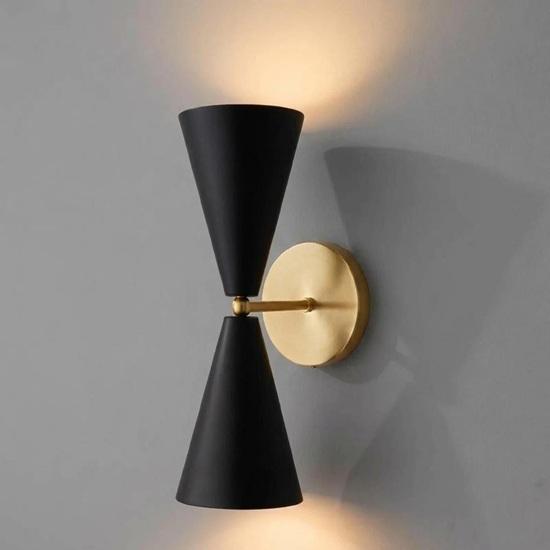 Set of 2 Mid Century Modern Double Cone Wall Sconce, Black Brass Italian Stilnovo Lighting Gift