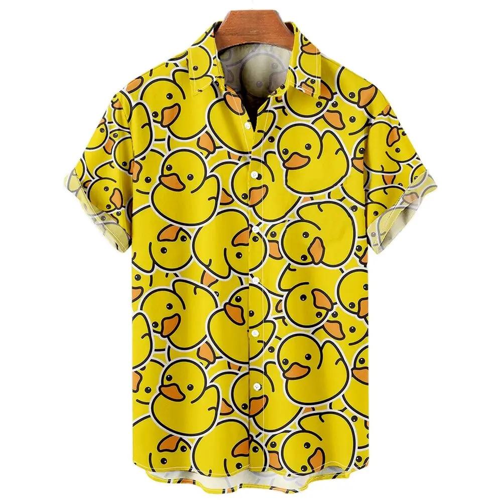 Men s Shirts Cute Duck 3d Print Summer Casual Oversized Short Sleeve Fashion Single-Breasted Blouses Trend Lapel Men s Clothing S