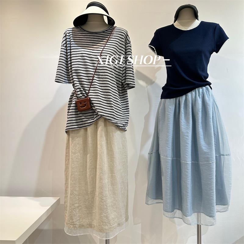 Navy Blue Lace Trim Slim Fit Korean Style Ribbed Stretch Tee, Straight Shoulder Summer T-Shirt