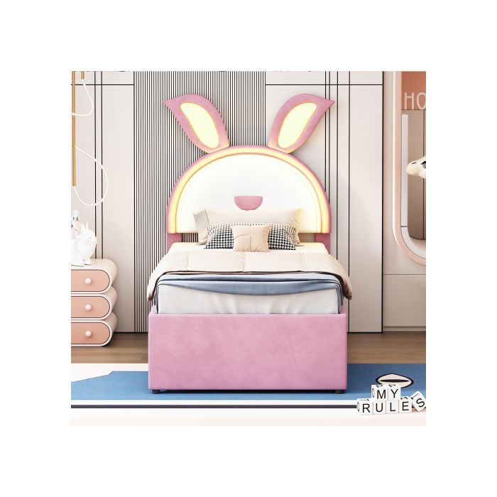 Lit D'enfant Lit Rembourré 90 X 200 Cm, Tissu Velours Tapis Multifonctionnel, Rose