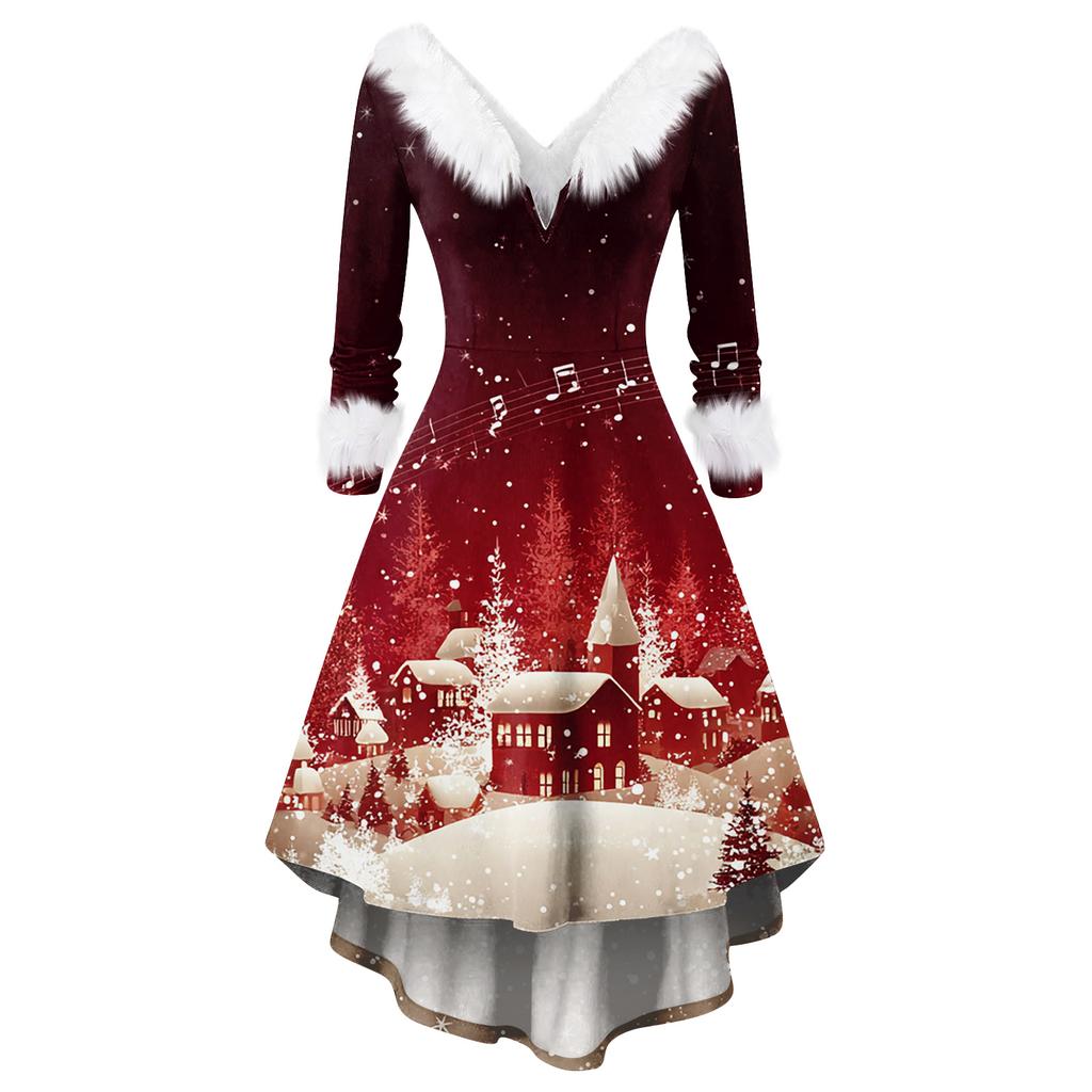 Women's Fashionable Casual Fitted Christmas Print Party Long-Sleeved Dress
