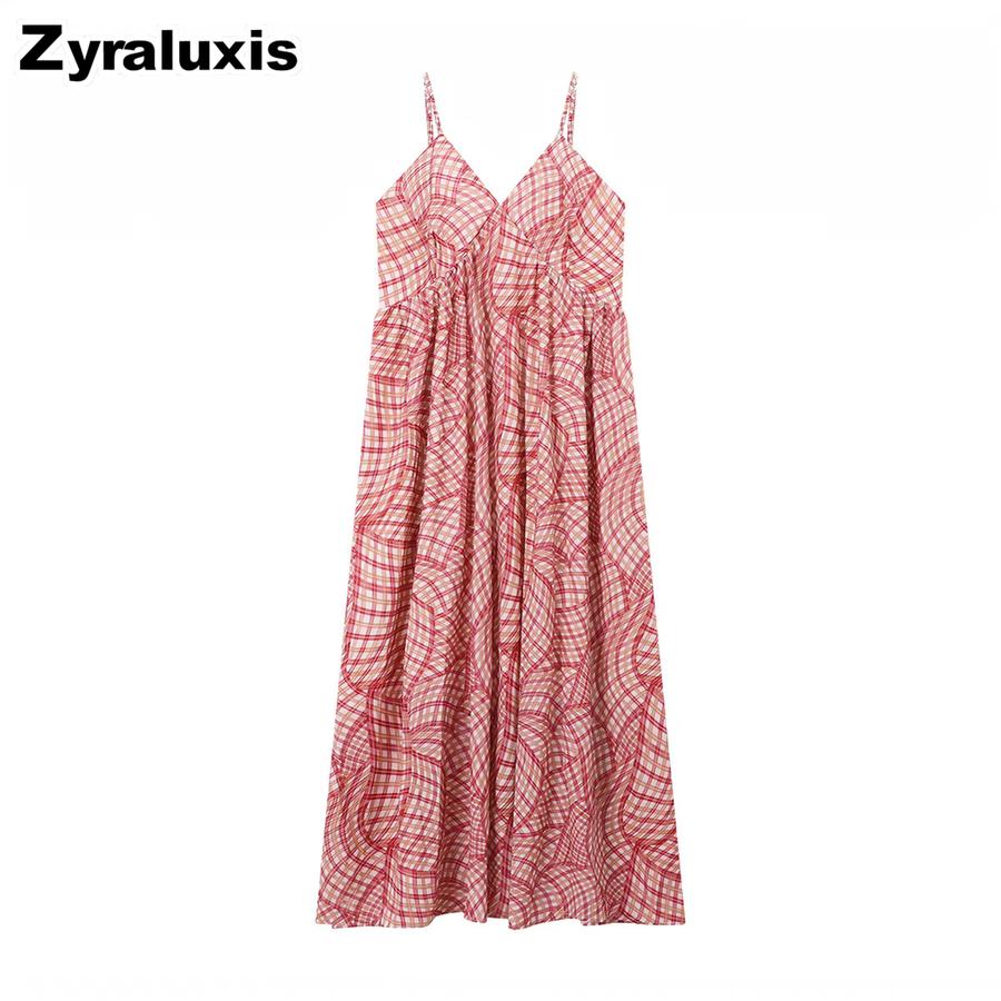 Vacation Style V-Neck Strappy Dress for Women Summer New Retro Cute Beach Holiday Casual Maxi Dress S красный