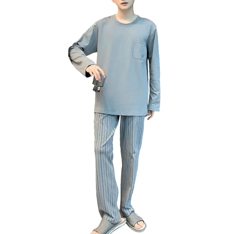 

[PHOLEEY] Men s pajamas, long sleeve trousers, cotton skin-friendly, soft and comfortable T-shirt material, top and bottom suits, spring, autumn,