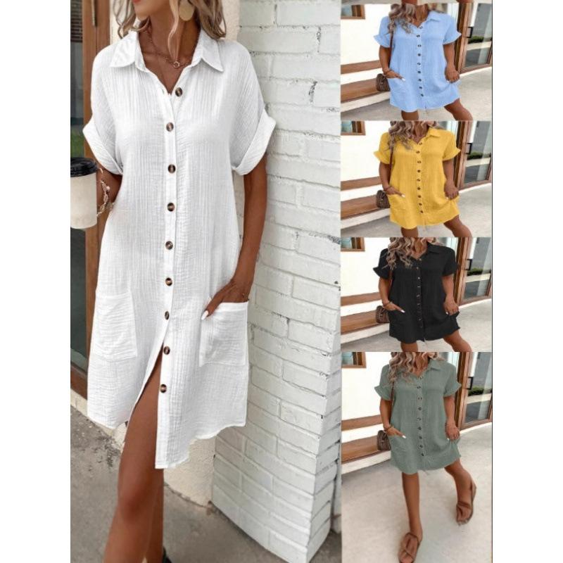 Casual Solid Color Single-breasted Mid-length Short Sleeve Loose Casual Dress Women's Wear