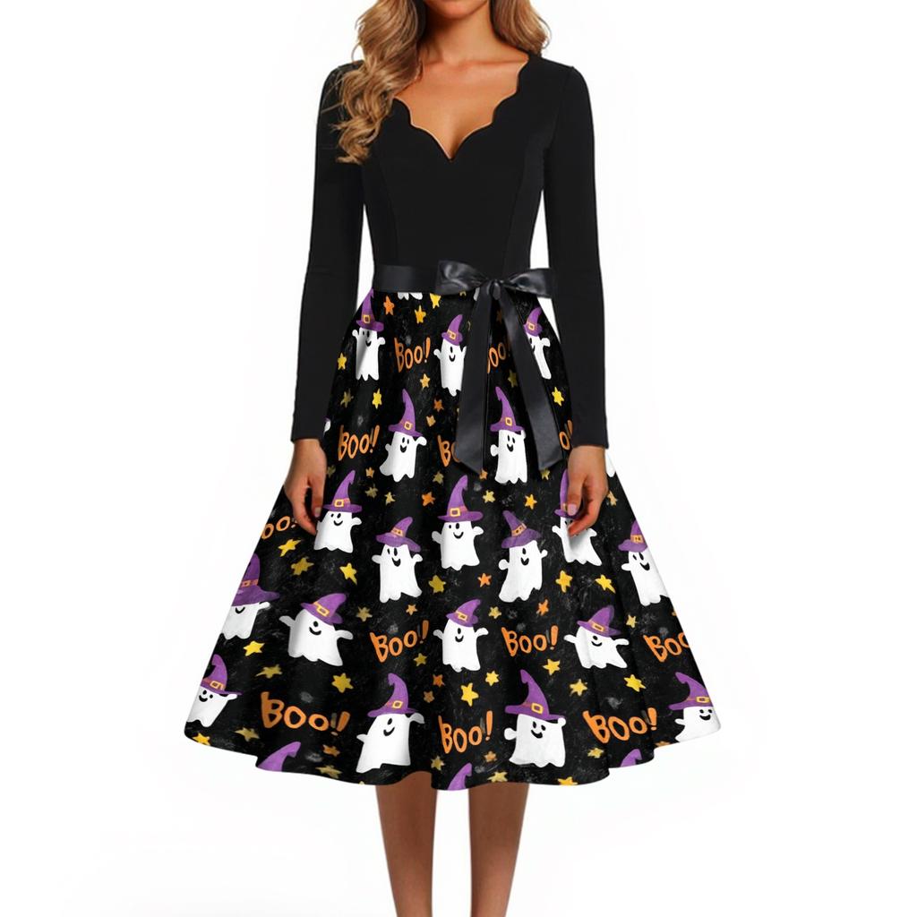 Women's Casual Vintage Halloween Dress V Neck Long Sleeve Retro Style Fit and Flare Knee Length Dress with Ghost Print and Waist Tie