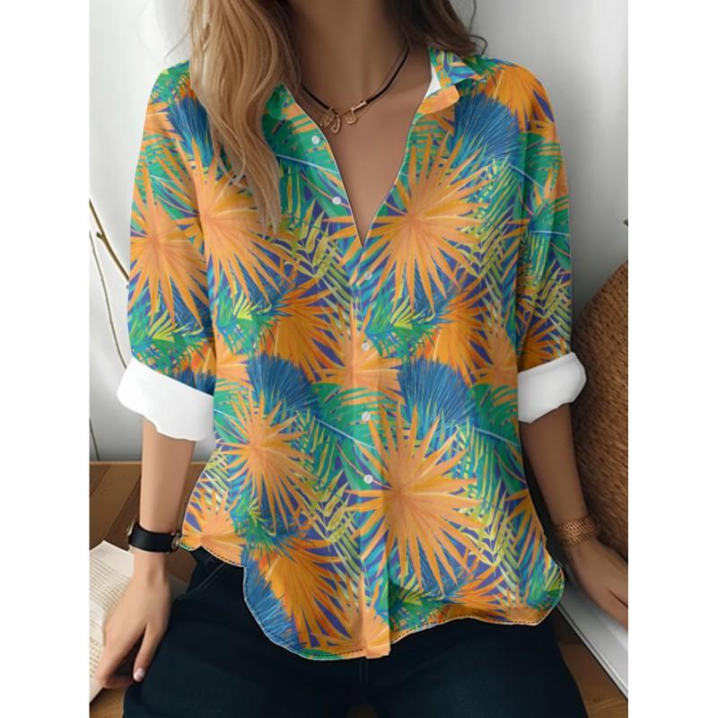 Womens Loose Fit Long Sleeve Cotton Linen Shirt With 3D Floral Print Casual Blouse 2025